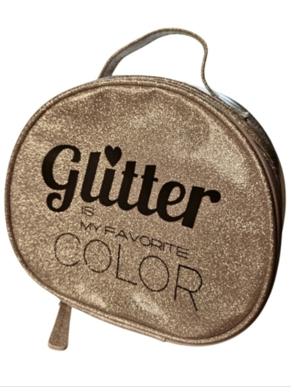 Stella & Max "Glitter is My Favorite Color" round cosmetic bag with handle